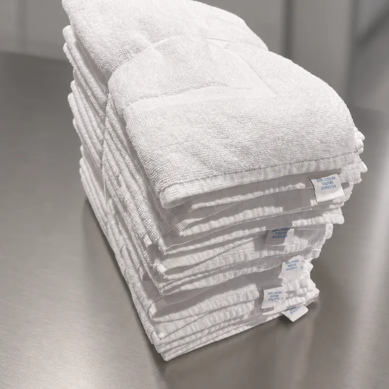 A stack of folded white bath mats on a stainless bench