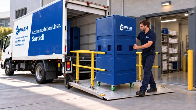 An eWASH driver wheeling a covered linen cart down the truck tail lift into a loading dock