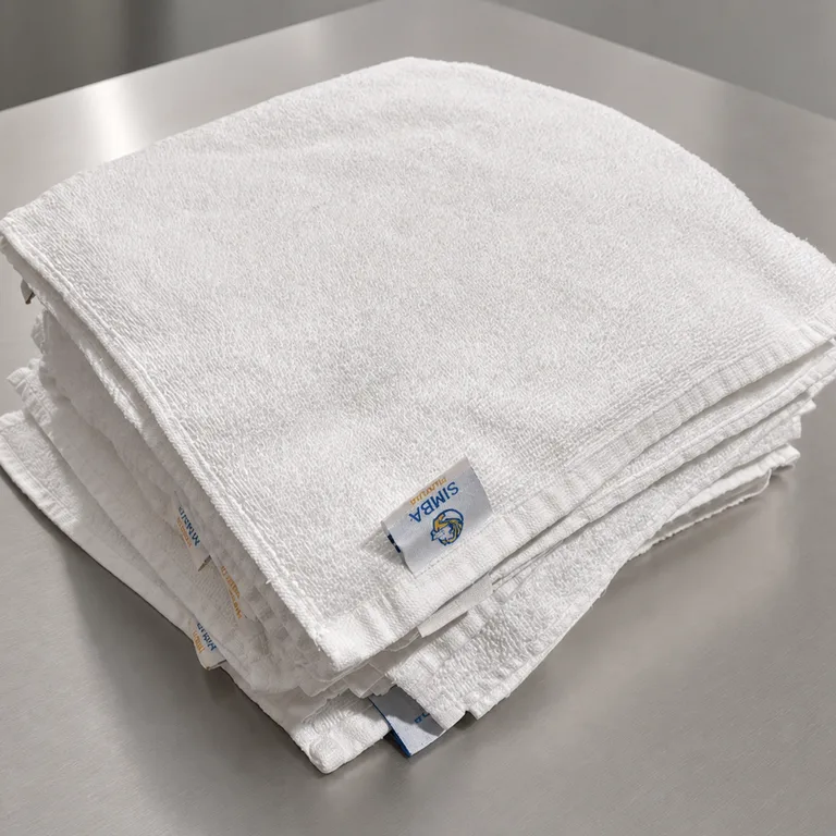 Folded white cotton face washers on a stainless bench