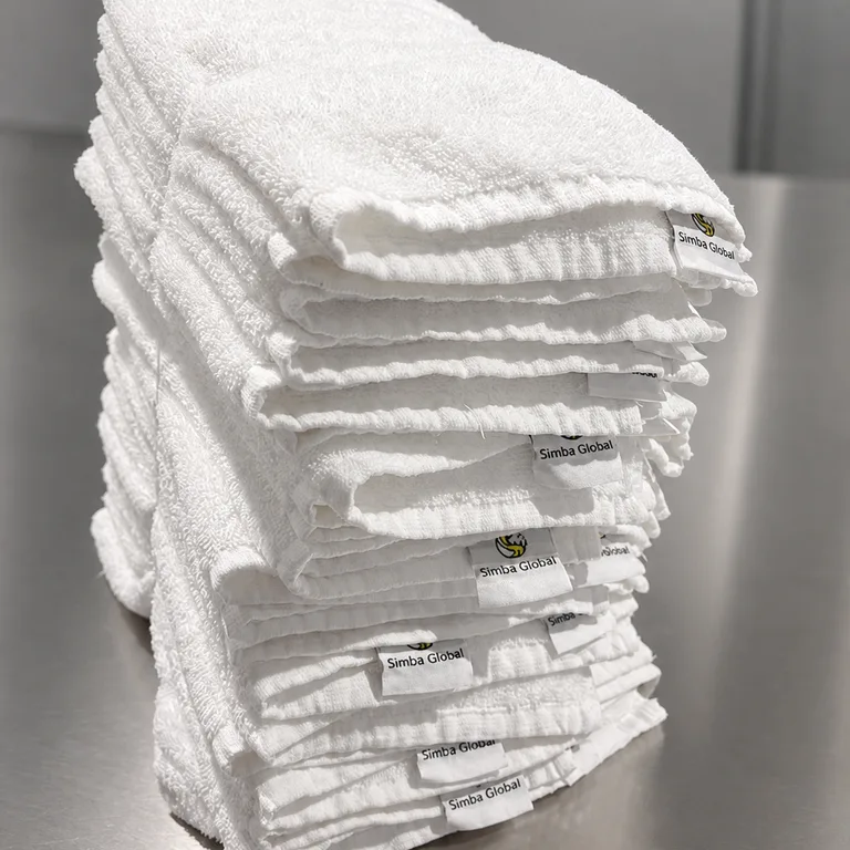 A stack of folded white hand towels on a stainless bench