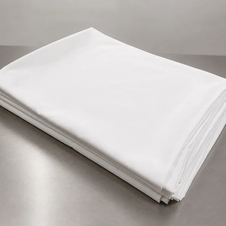 Folded white hotel sheets on a stainless bench