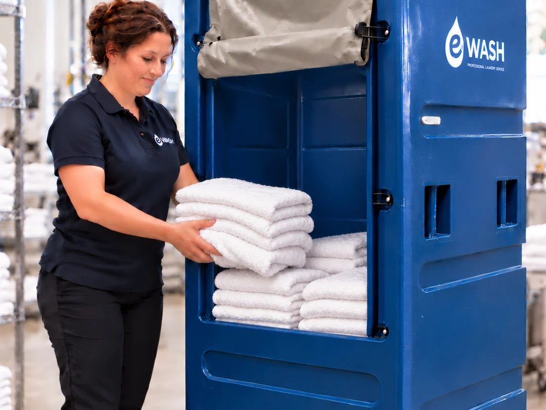 An eWASH team member placing folded white towels into a covered linen cart
