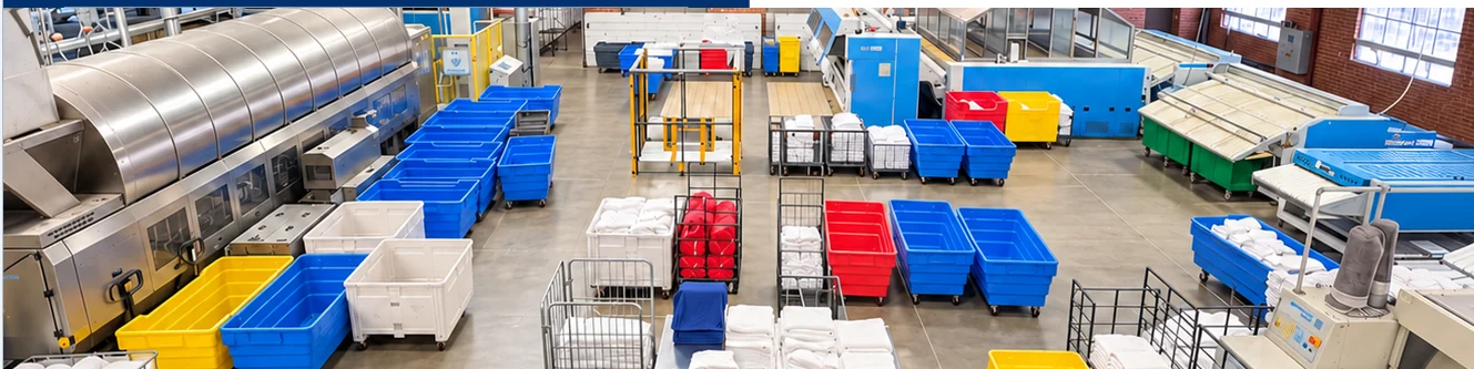 The eWASH laundry floor at Moorabbin, with the washing line along one side, rows of linen trolleys and finishing equipment
