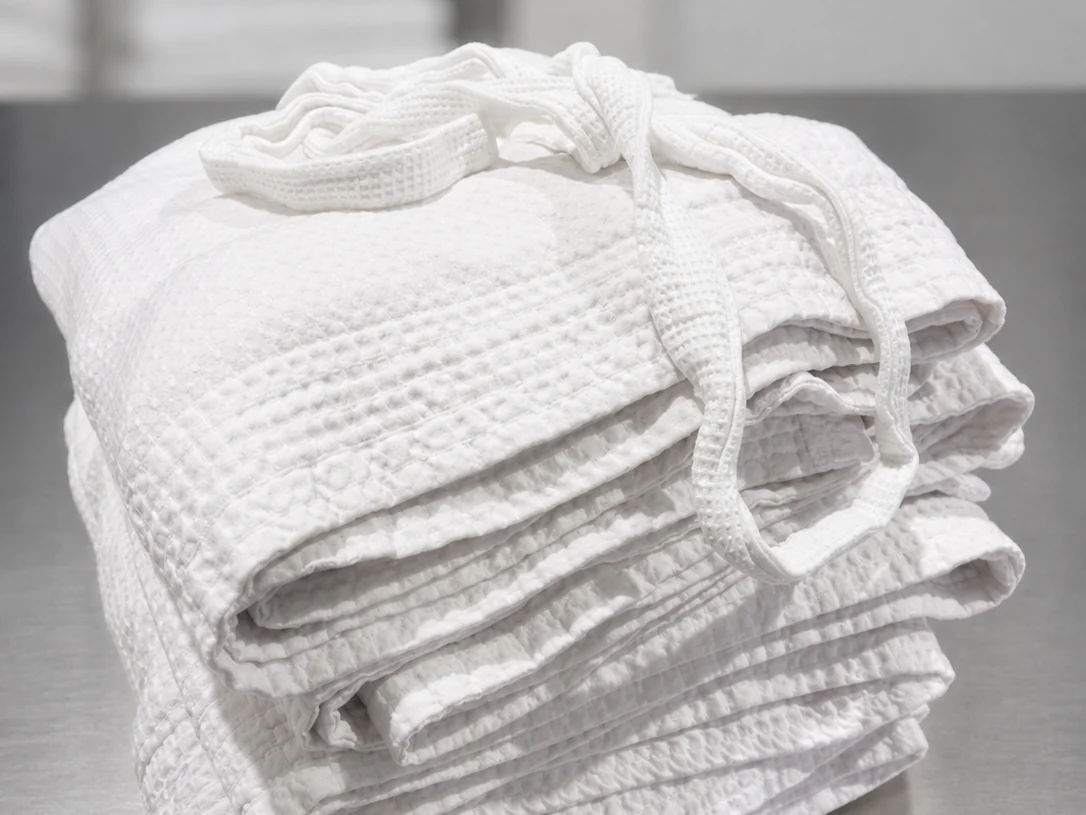 A stack of folded white waffle bathrobes on the folding bench at eWASH